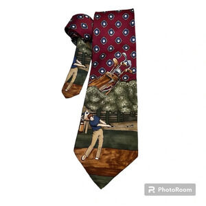 Spencer&Lowe Mens Tie Full Swing Golfer Novelty Print Maroon 100% Imported Silk